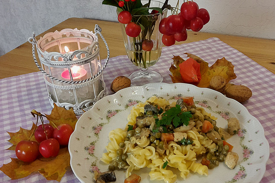 Hähnchenpfanne mit Champignons, Möhren und Erbsen