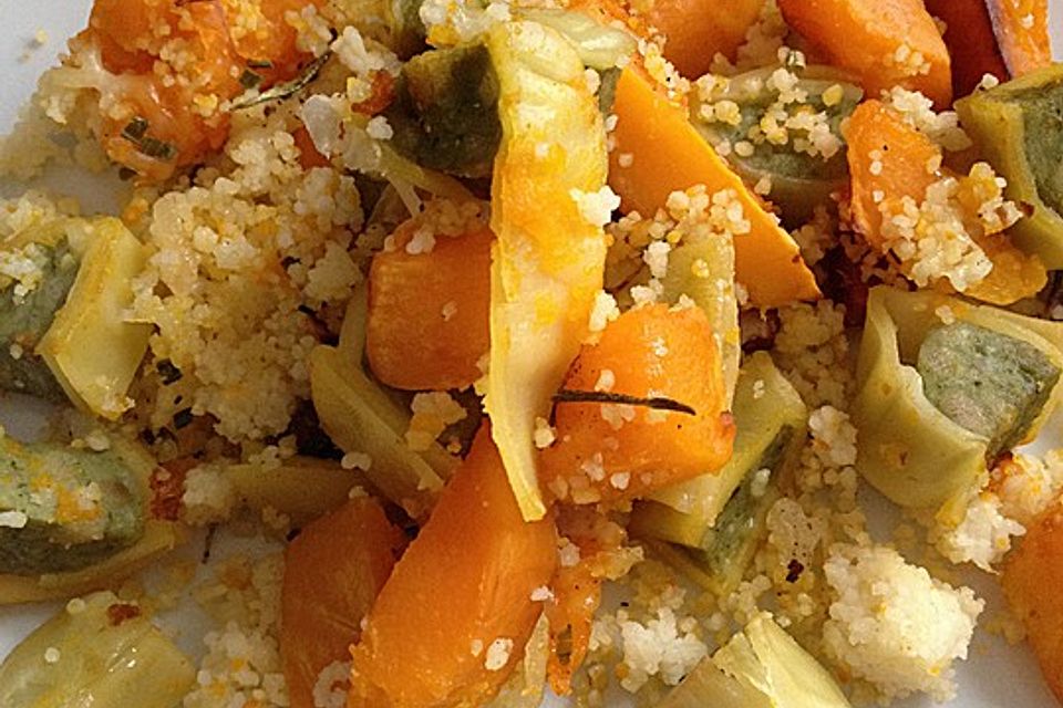 Couscous-Auflauf mit Maultaschen und Kürbis