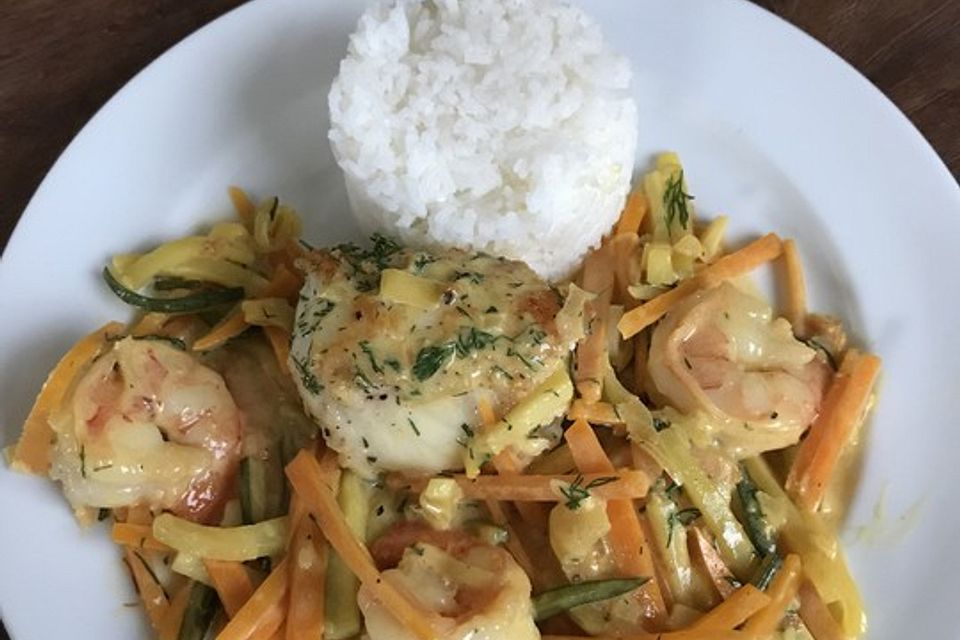 Seeteufel mit Gambas an einer Safran-Sahne-Sauce