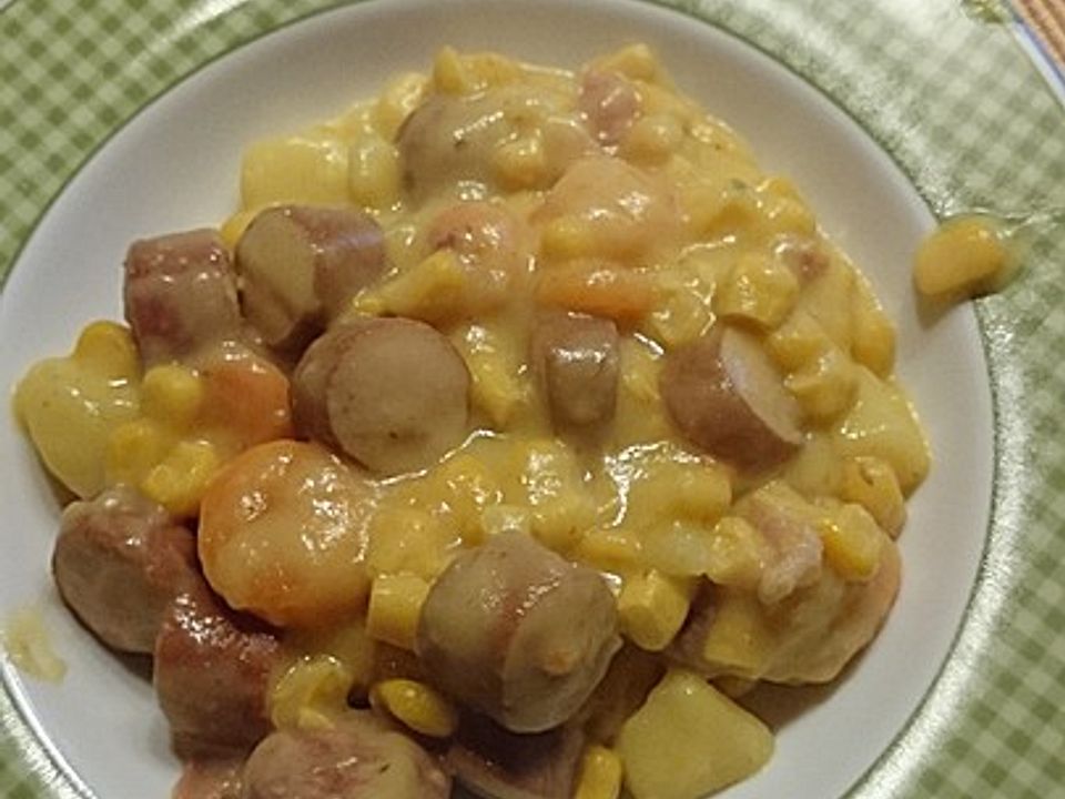 Mais-Kartoffel-Eintopf mit Möhren und Wursteinlage von curryspice| Chefkoch