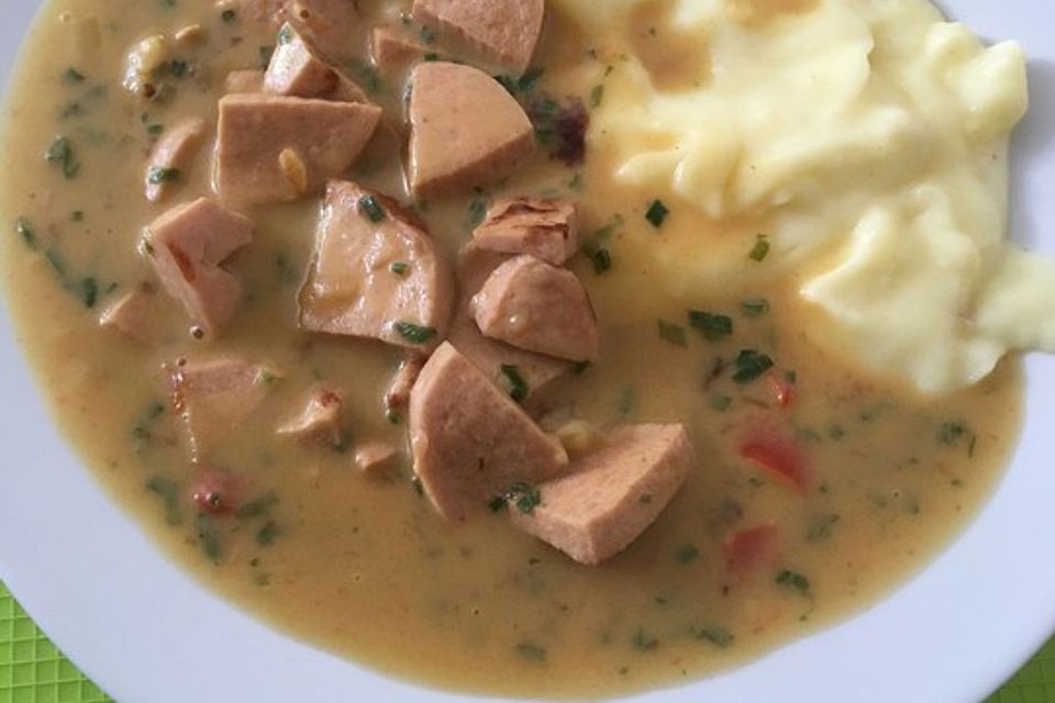 Dirks Würstchen-Senf-Gulasch mit Penne