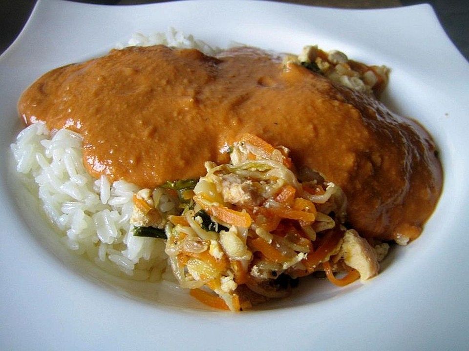 Erdnusssauce mit Reis und Gemüse von willmaw| Chefkoch