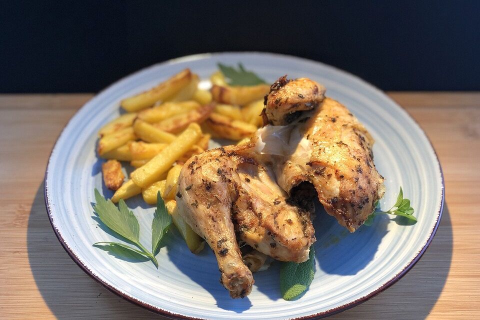 Broiler vom Ofenrost mit selbstgemachten Pommes