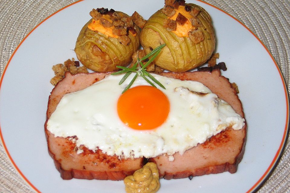 Bayerische Ofenkartoffeln mit Leberkäse und Spiegeleiern