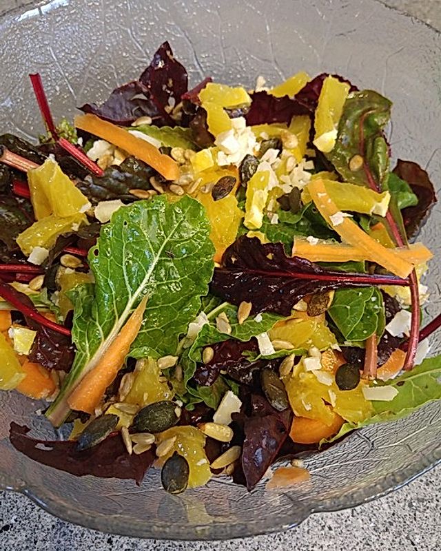 Mangold-Karottensalat mit Knoblauch-Honig-Zitronensauce, gerösteten Pinienkernen und Parmesan