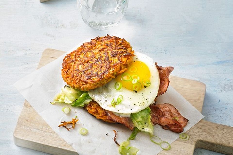 Karottenburger mit Eisbergsalat, Schinken, Ei und Dressing