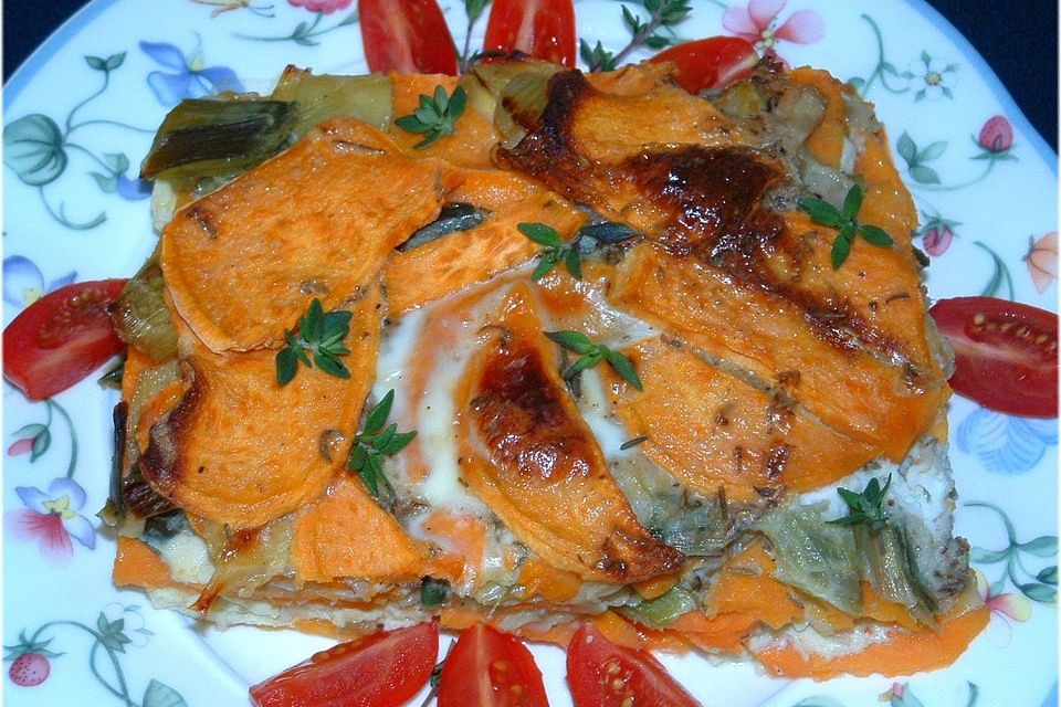 Süßkartoffel-Lauch-Gratin