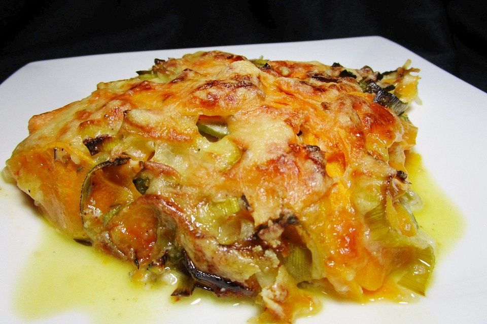 Süßkartoffel-Lauch-Gratin