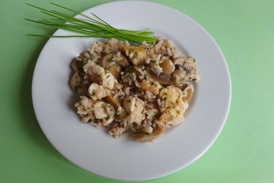 Fleischpfanne mit Champignons und Reis