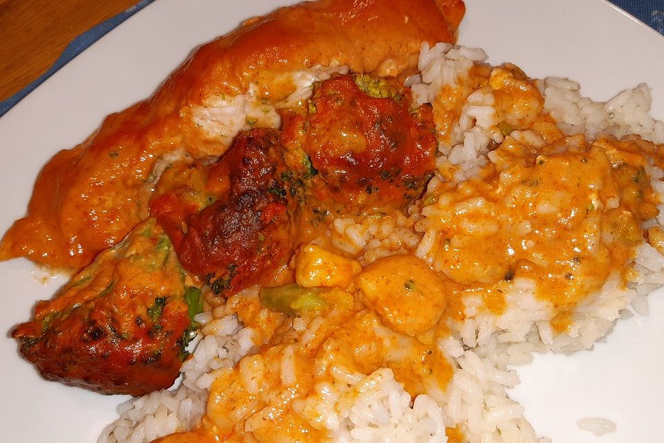 Brokkoli in Curry-Tomaten-Sauce zu Fischfilet