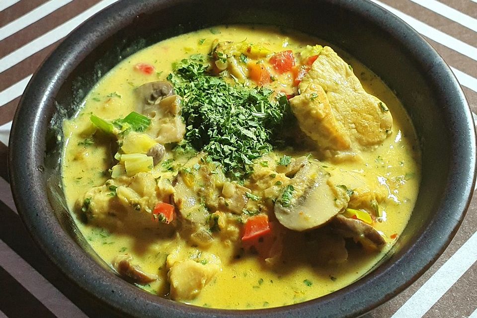 Hähnchen-Curry-Lauch-Suppe