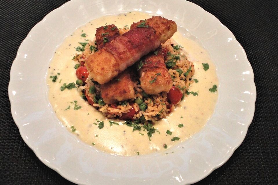 Fischstäbchen im Speckmantel auf Tomaten-Erbsen-Reis mit Honigsenf-Sauce