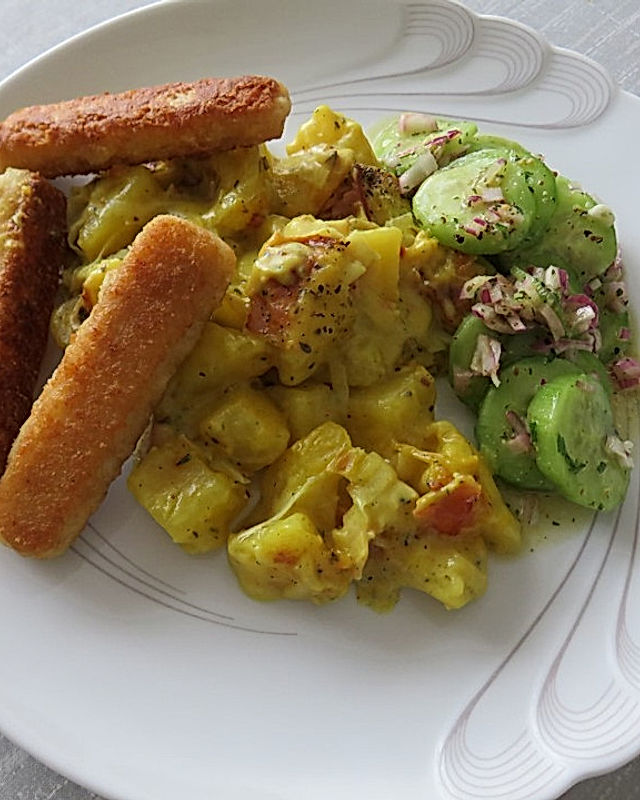 McMoes Fischstäbchen mit Gurkensalat und Kartoffeln