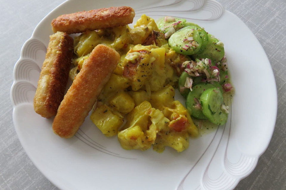 McMoes Fischstäbchen mit Gurkensalat und Kartoffeln