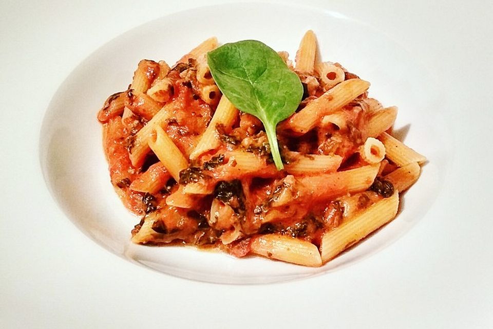 Penne in Spinat-Tomaten-Gorgonzola-Sauce