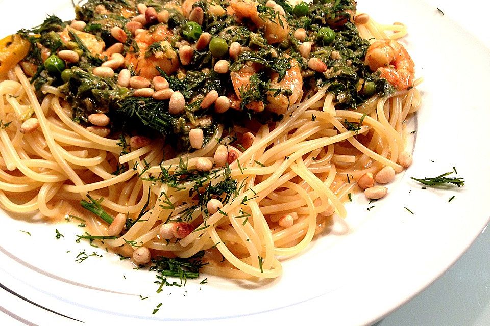 Pasta Scampi mit Spinat