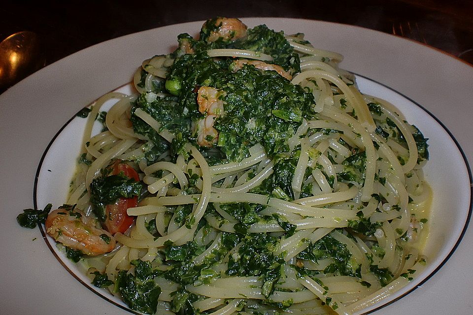 Pasta Scampi mit Spinat