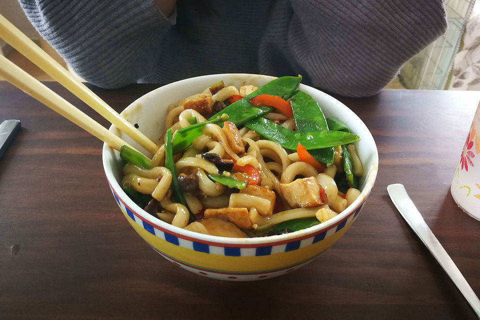 Gebratene Udon-Nudeln mit Hoisinsoße