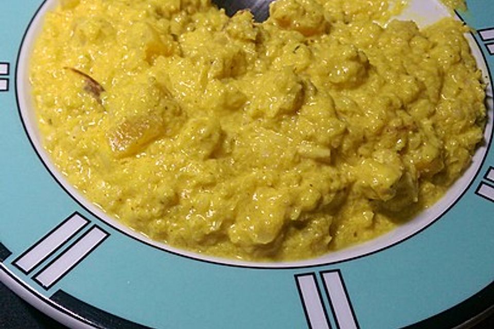 Hähnchen mit Blumenkohlreis in fruchtiger Currysauce