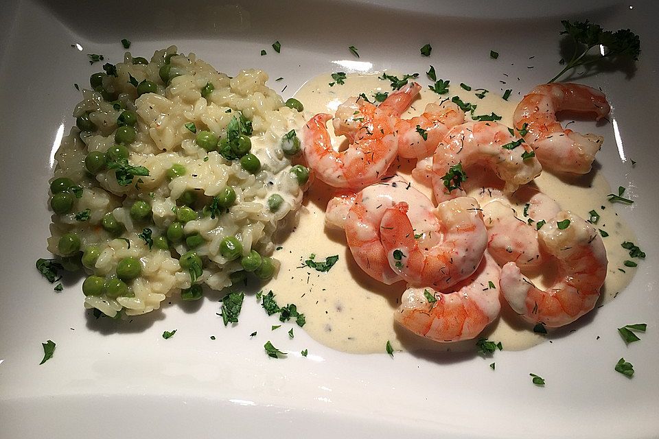 Erbsen-Risotto mit Garnelen