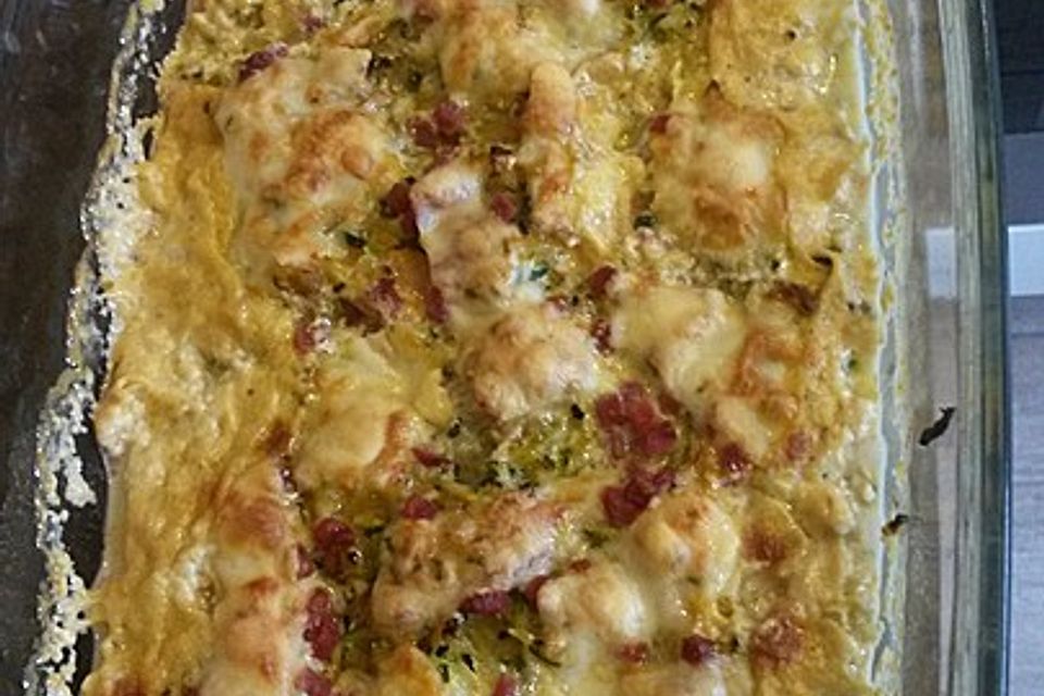 Utes Süßkartoffelgratin mit Rauchspeck und Zucchini