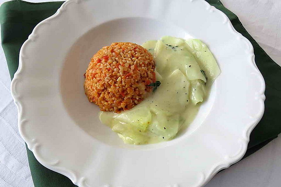 Kohlrabigemüse mit Ajvarbulgur