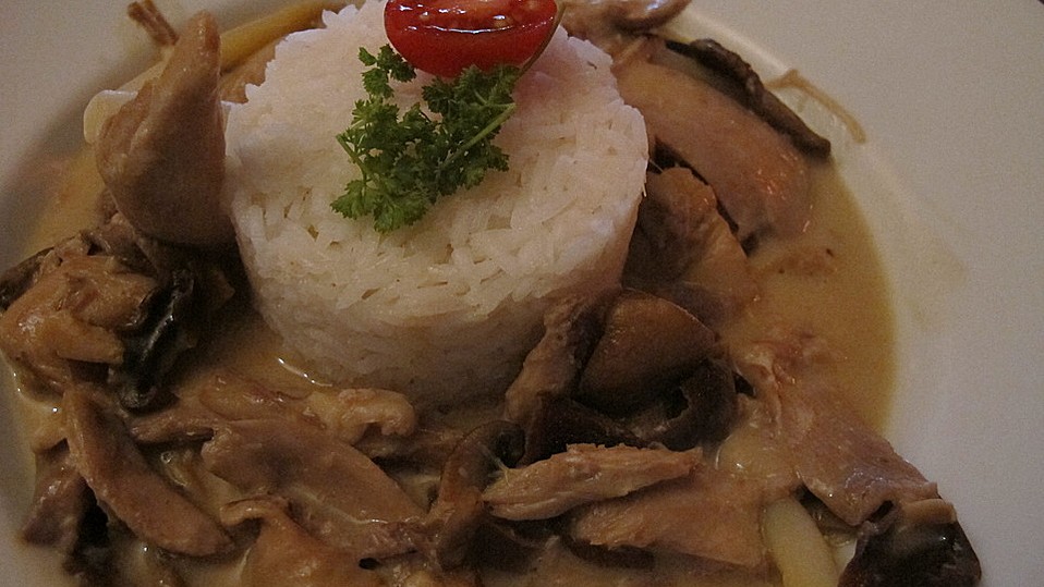 Hühnerfrikassee mit rosa Champignons, aromatischen Steinpilzen und ... Hühnerfrikassee mit rosa Champignons, aromatischen Steinpilzen und ...