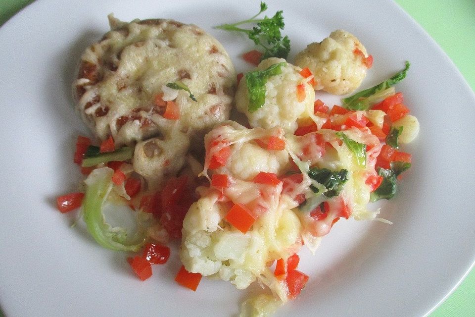 Überbackene Bratwurstschnecke mit Blumenkohl und Tomaten