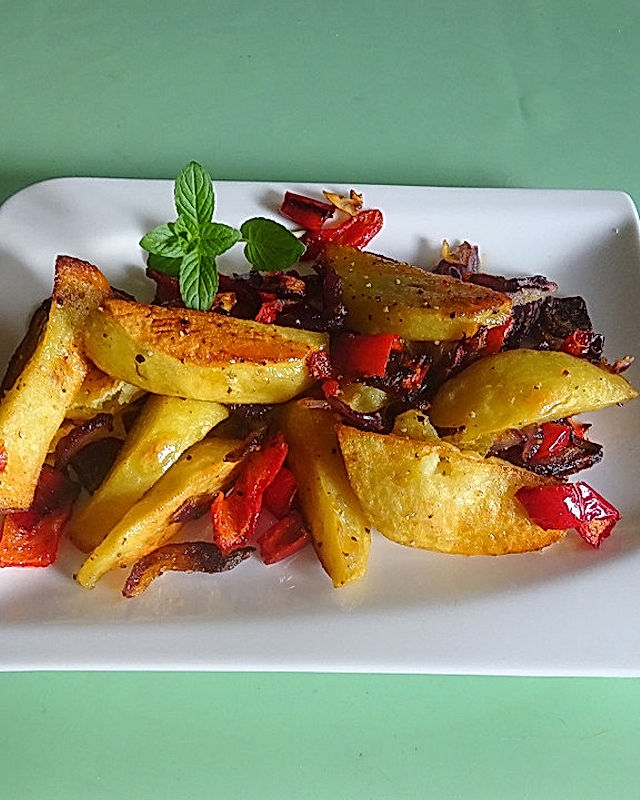 Kartoffelecken mit Paprika und Fleischbällchen