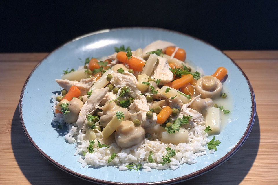 Hühnerfrikassee - Ragout aus Hühnchen, Spargel und Pilzen