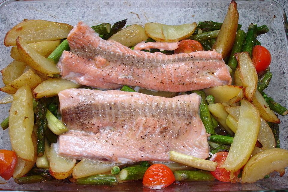 Lachs aus dem Ofen mit Spargel und Kartoffeln