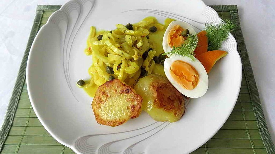 Fenchel an Kapern-Orangenrahm mit gebackenen Kartoffeln und Ei von ...