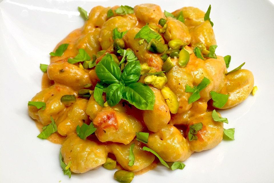 Gnocchi in feiner Mascarpone-Tomatensoße, garniert mit Basilikum und Pistazien