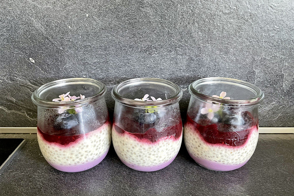 Veganes Kokos-Chia-Dessert mit Himbeeren