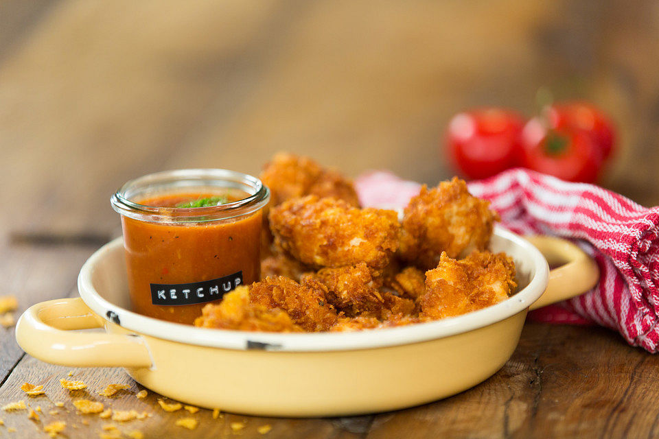 Chicken Nuggets in Cornflakeskruste mit selbstgemachtem Ketchup