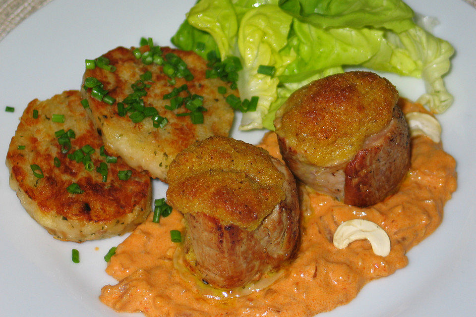 Schweinemedaillons mit "Cafe de Paris"-Kruste und Kokos-Curry-Sauce