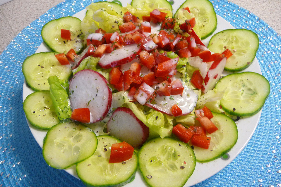 Kopfsalat mit Bauerngurke und Radieschen in Sahne-Dill-Dressing