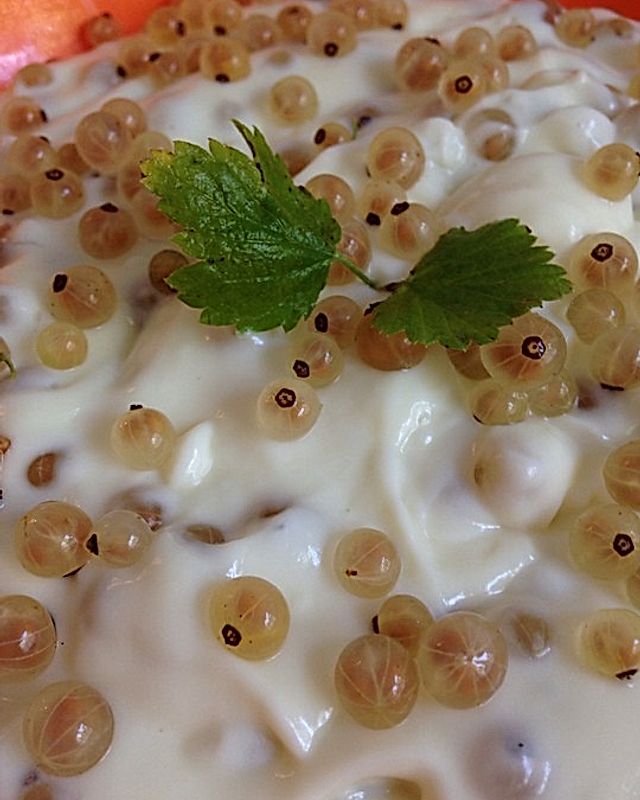 Vanillecreme-Dessert mit weißen Johannisbeeren