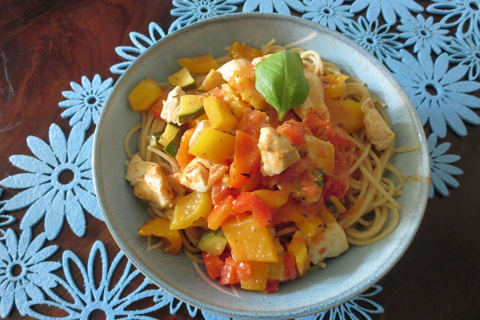 Pasta mit Hähnchenwürfeln in Paprika-Oliven-Sugo