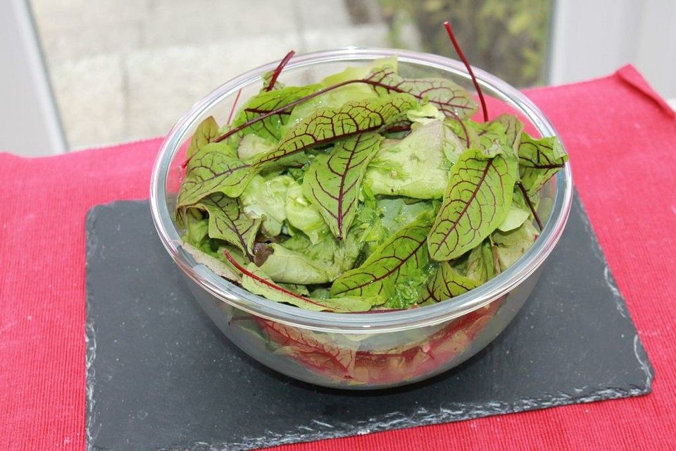 Blatt-Blutampfer-Salat in Zitronen-Schnittlauch-Dressing