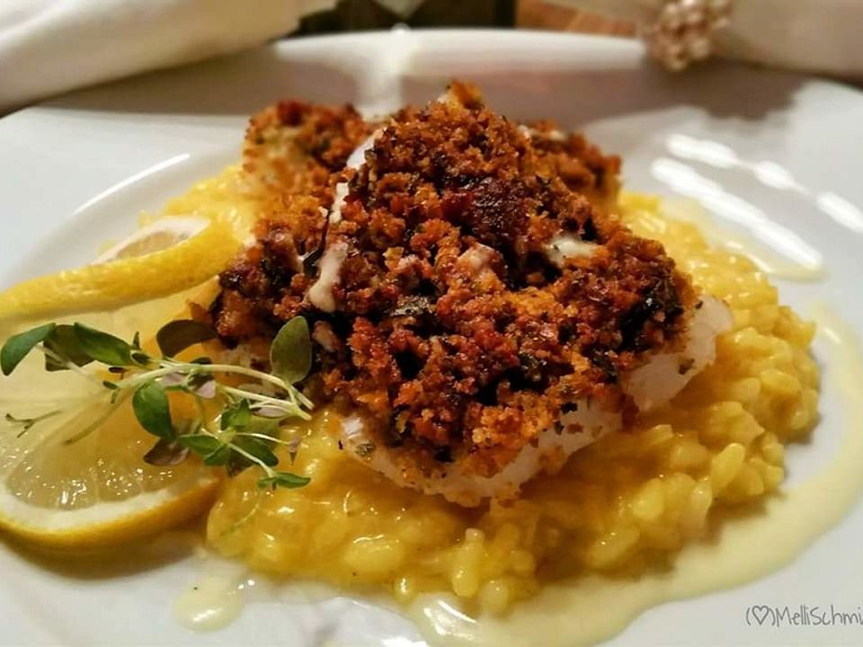 Kabeljaufilet mit Chorizokruste auf Safran-Zitronen-Risotto von ...