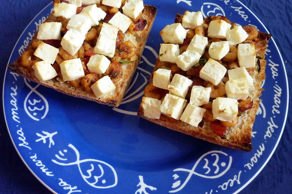 Bruschetta mit Krabben, Tomaten und Feta