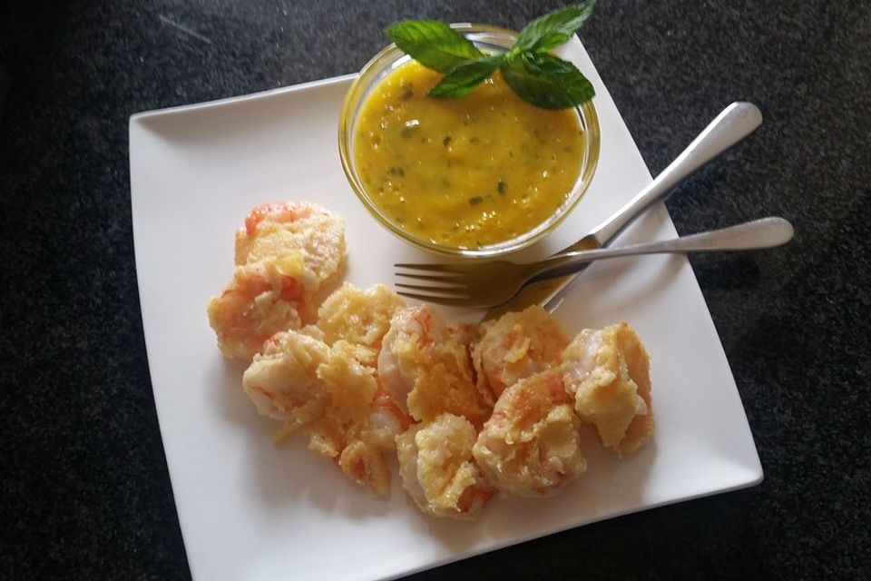 Riesengambas im Pecorino-Mantel mit Mango-Ingwer-Relish