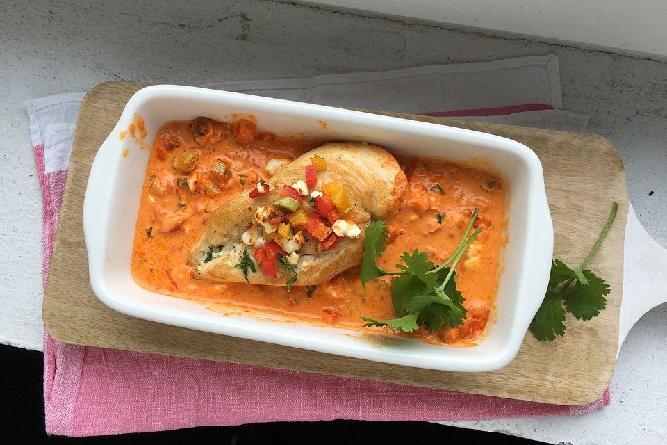 Ofen-Hähnchen-Schnitzel mit Paprika und Feta