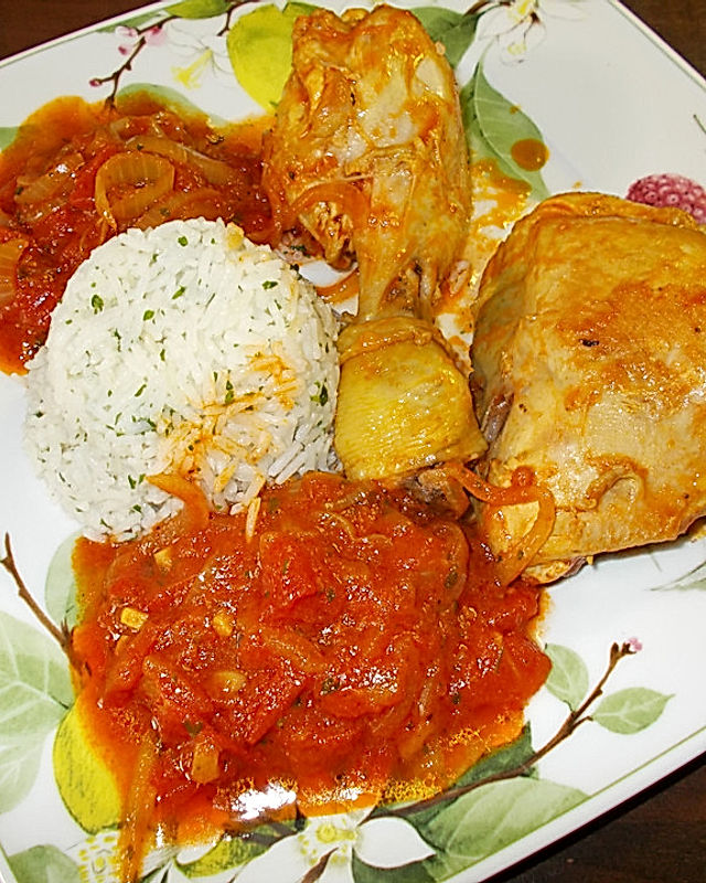 Curryhuhn in Tomatensauce mit Ingwer, Zwiebeln und Reis