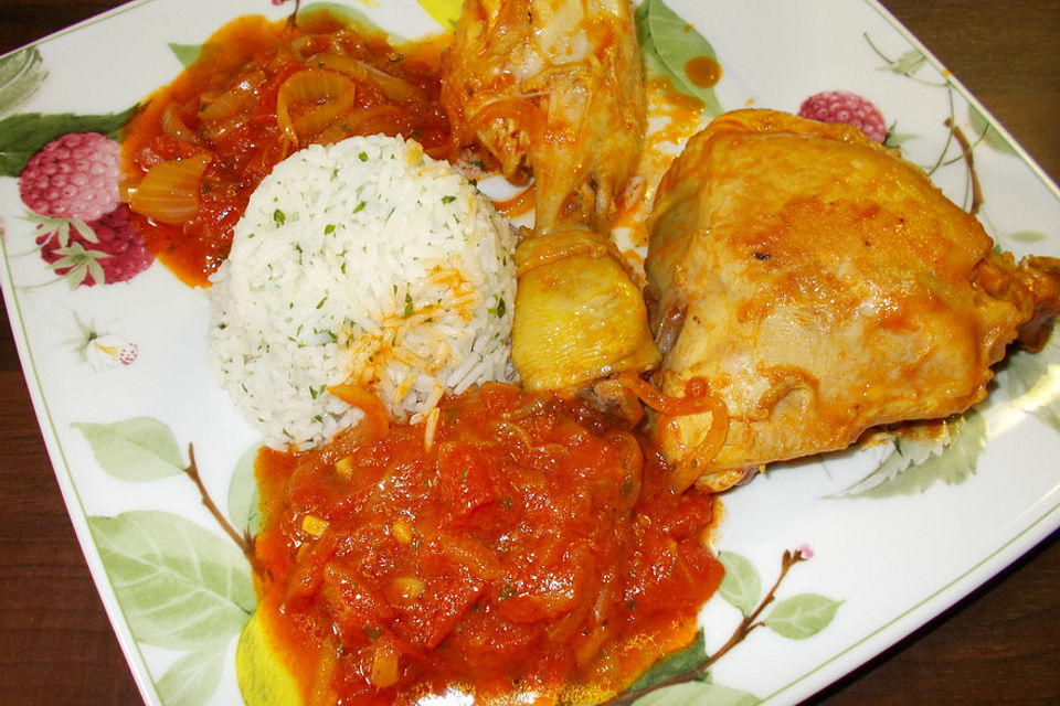 Curryhuhn in Tomatensauce mit Ingwer, Zwiebeln und Reis