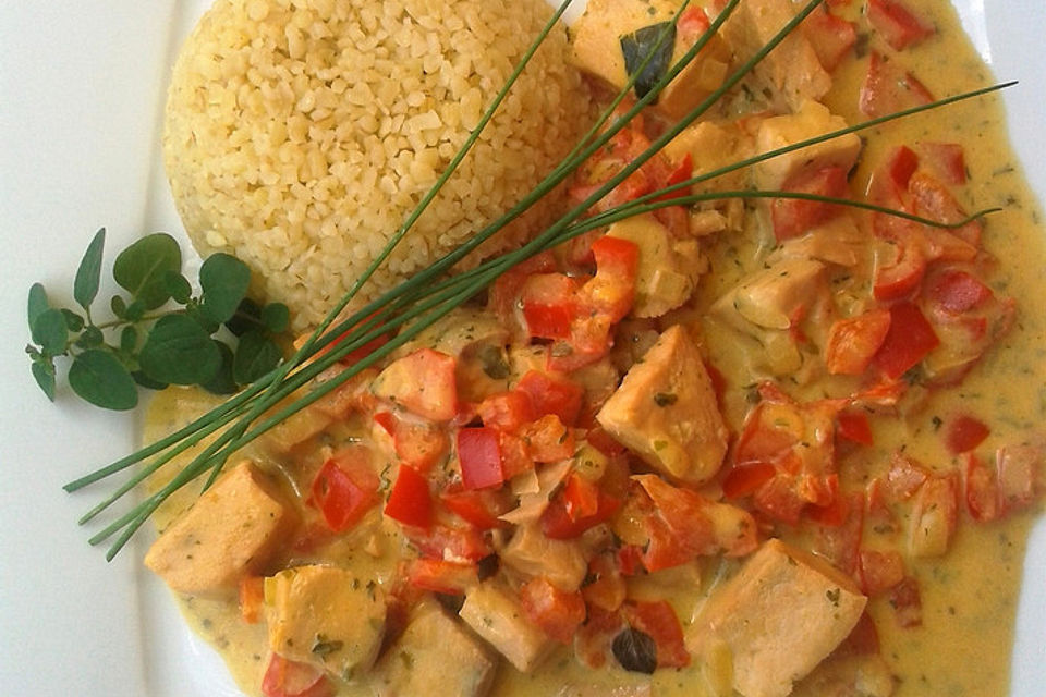 Wildlachsfilet in Paprika-Kokosoße und Bulgur