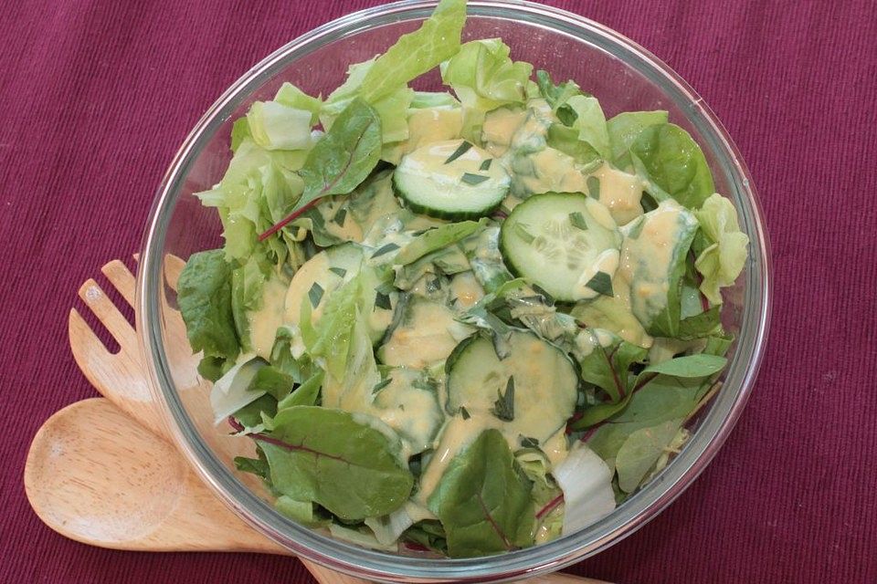 Zichorie-Mangold-Gurken-Salat mit Estragon-Sahne-Senf-Dressing