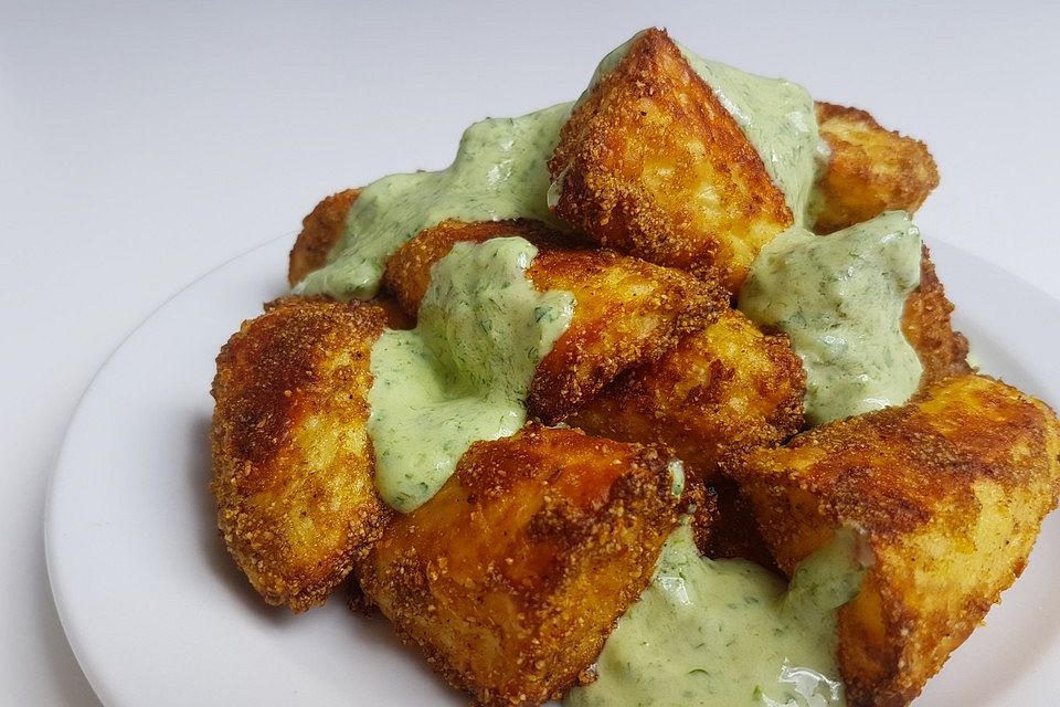 Garam Masala Ofenkartoffeln mit Avocado-Petersilien-Dip