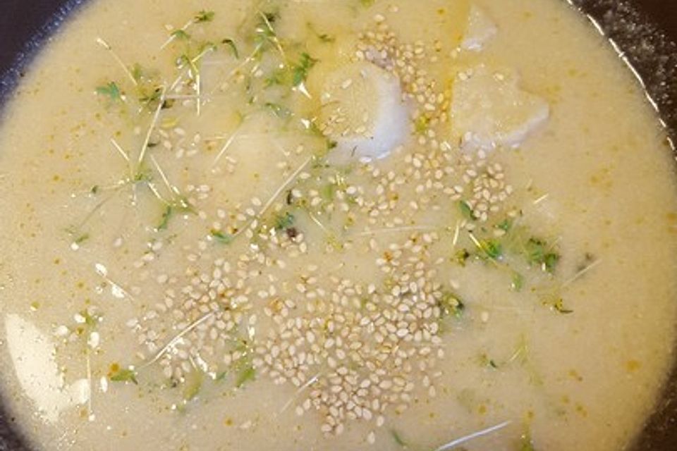 Blumenkohl-Kokos-Cremesuppe mit Hähnchen